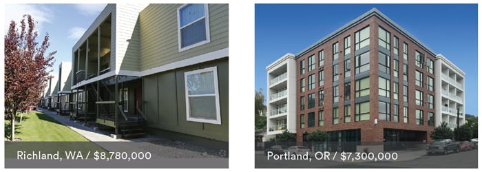Side by side photos of apartment buildings. Left image has a lower thirds box with text that reads Richland, WA / $8,780,000. Right image has a lower thirds box with text that reads Portland, OR / $7,300,000